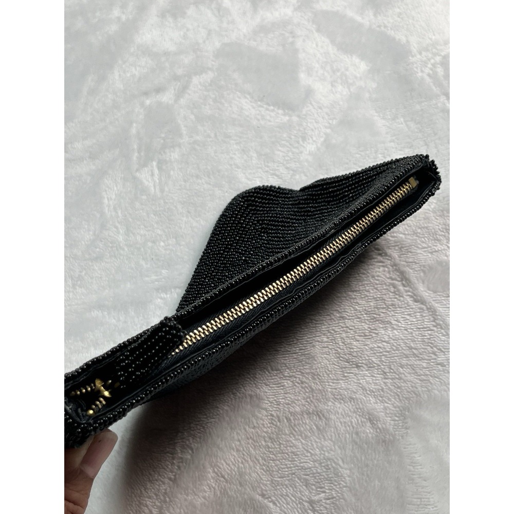 Small Beaded Black Clutch Zippered Made in Japan Lined approx 7" x 4 " - Picture 5 of 7